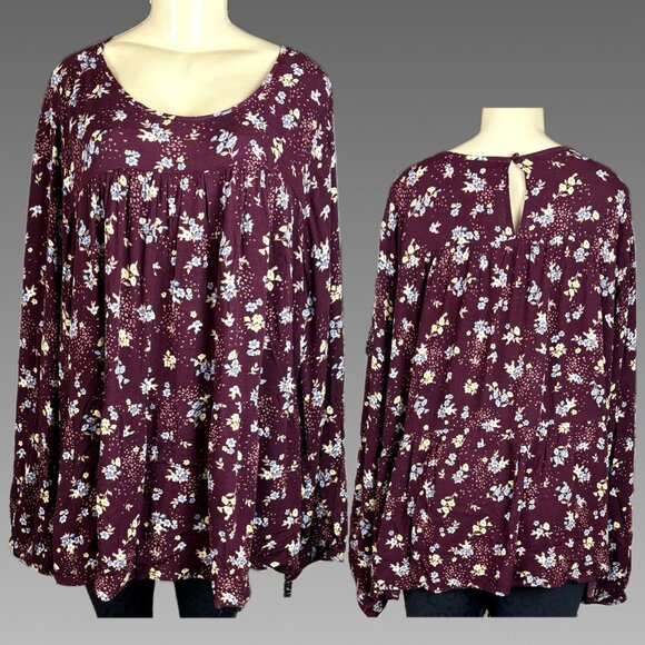 Torrid +5 Purple Floral Crew Neck Drop Waist Button Keyhole Long Sleeve Blouse - Picture 1 of 6
